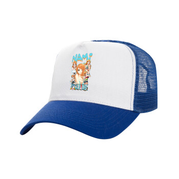 Nami One Piece, Adult Structured Trucker Hat, with Mesh, WHITE/BLUE (100% COTTON, ADULT, UNISEX, ONE SIZE)