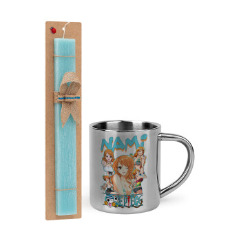 Nami One Piece, Easter Set, metallic thermal cup (300ml) & aromatic flat Easter candle (30cm) (TURQUOISE)