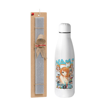 Nami One Piece, Πασχαλινό Σετ, μεταλλικό παγούρι Inox (700ml) & πασχαλινή λαμπάδα αρωματική πλακέ (30cm) (ΓΚΡΙ)