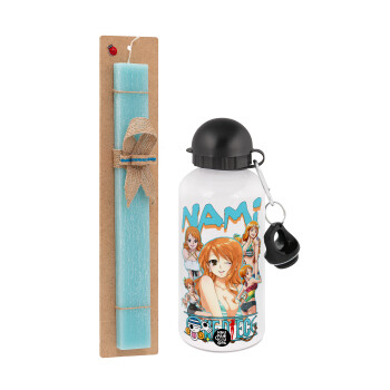 Nami One Piece, Easter Set, metallic aluminum water bottle (500ml) & scented flat candle (30cm) (TURQUOISE)