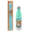 Easter Set, Metallic green/white thermos (Stainless steel), double-walled, 500ml & scented flat Easter candle (30cm) (TURQUOISE)