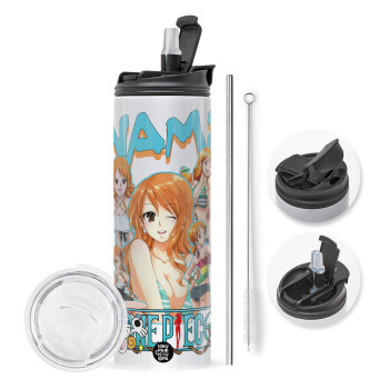 Nami One Piece, Travel Tumbler θερμό με διπλό καπάκι, μεταλλικό καλαμάκι και βούρτσα καθαρισμού (Ανωξείδωτο 304 Food grade, BPA free, 600ml)