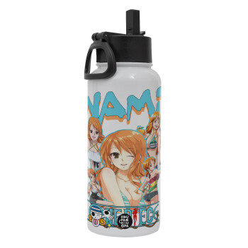 Nami One Piece, Μεταλλικό παγούρι θερμός Λευκό με καλαμάκι και χερούλι (Stainless steel), διπλού τοιχώματος, 950ml