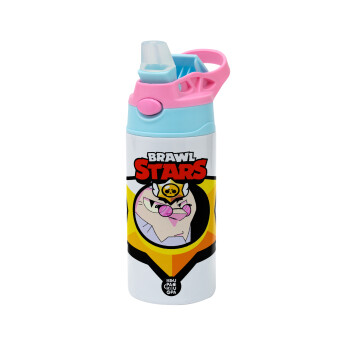 Brawl Stars Byron, Children's hot water bottle, stainless steel, with safety straw, Pink/BlueCiel (360ml) BPA FREE