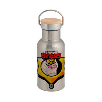 Brawl Stars Byron, Stainless steel metallic thermos flask, silver with a bamboo lid, double-walled, 350ml.