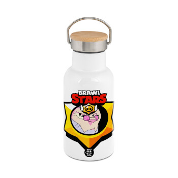 Brawl Stars Byron, Metallic thermos (Stainless steel) White with wooden lid (bamboo), double-walled, 350ml