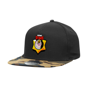 Brawl Stars Byron, Adult Flat Snapback Hat Black/Camouflage, (100% COTTON TWILL, ADULT, UNISEX, ONE SIZE)