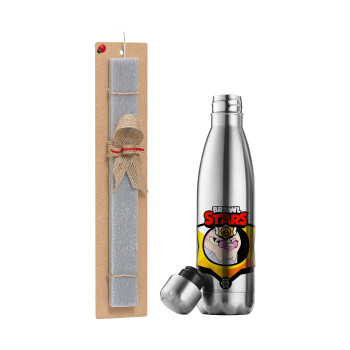 Brawl Stars Byron, Easter Set, metallic stainless thermos flask (500ml) & scented flat Easter candle (30cm) (GRAY)