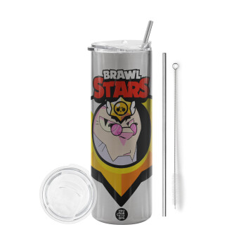 Brawl Stars Byron, Tumbler stainless steel Silver 600ml, with metal straw & cleaning brush