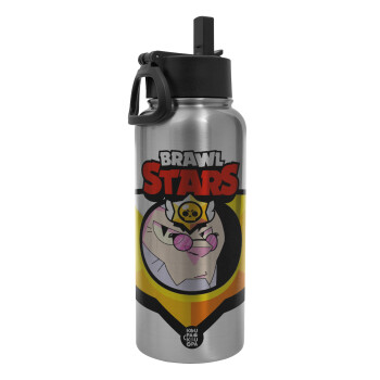 Brawl Stars Byron, Metal mug thermo Silver with Straw and Spout Lid (Stainless steel), double wall, 950ml