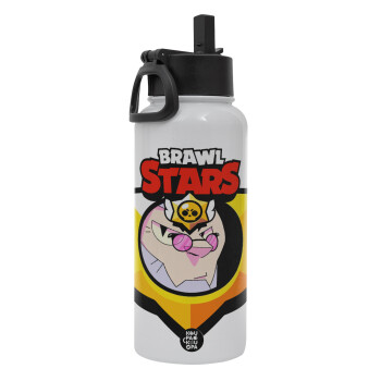 Brawl Stars Byron, Metal mug thermo White with Straw and Spout Lid (Stainless steel), double wall, 950ml