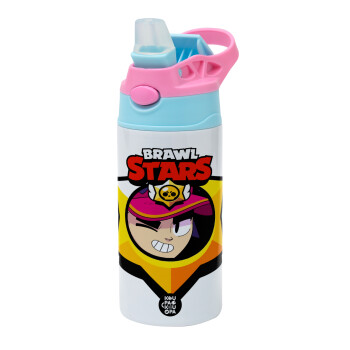 Brawl Stars Fang, Children's hot water bottle, stainless steel, with safety straw, Pink/BlueCiel (360ml) BPA FREE