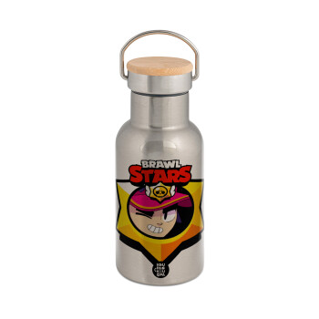 Brawl Stars Fang, Μεταλλικό παγούρι θερμός (Stainless steel) Ασημένιο με ξύλινο καπακι (bamboo), διπλού τοιχώματος, 350ml