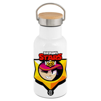 Brawl Stars Fang, Μεταλλικό παγούρι θερμός (Stainless steel) Λευκό με ξύλινο καπακι (bamboo), διπλού τοιχώματος, 350ml