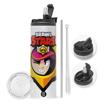 Brawl Stars Fang, Travel Tumbler θερμό με διπλό καπάκι, μεταλλικό καλαμάκι και βούρτσα καθαρισμού (Ανωξείδωτο 304 Food grade, BPA free, 600ml)