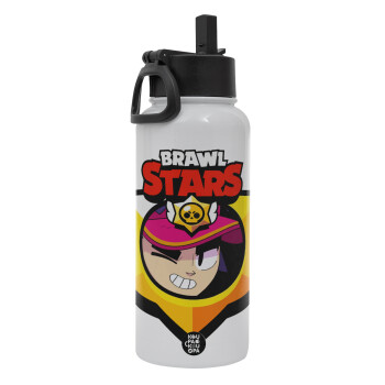 Brawl Stars Fang, Metal mug thermo White with Straw and Spout Lid (Stainless steel), double wall, 950ml