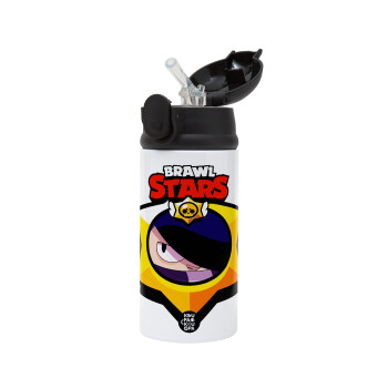 Brawl Stars Edgar, Children's hot water bottle, stainless steel, with safety straw, Black (360ml) BPA-FREE