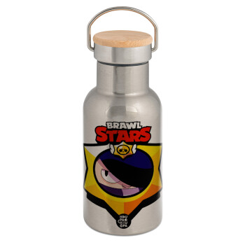 Brawl Stars Edgar, Μεταλλικό παγούρι θερμός (Stainless steel) Ασημένιο με ξύλινο καπακι (bamboo), διπλού τοιχώματος, 350ml