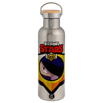 Brawl Stars Edgar, Μεταλλικό παγούρι θερμός (Stainless steel) Ασημένιο με ξύλινο καπακι (bamboo), διπλού τοιχώματος, 750ml