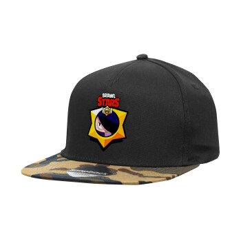 Brawl Stars Edgar, Adult Flat Snapback Hat Black/Camouflage, (100% COTTON TWILL, ADULT, UNISEX, ONE SIZE)