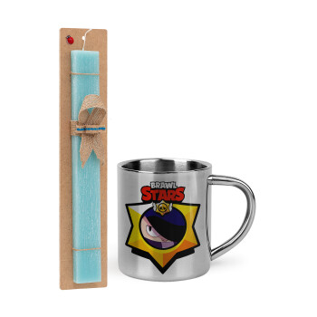 Brawl Stars Edgar, Easter Set, metallic thermal cup (300ml) & aromatic flat Easter candle (30cm) (TURQUOISE)