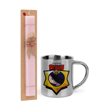 Brawl Stars Edgar, Easter Set, metallic thermal cup (300ml) & aromatic flat Easter candle (30cm) (PINK)