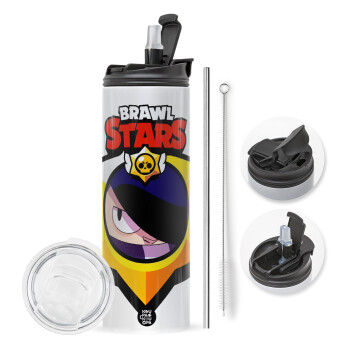 Brawl Stars Edgar, Travel Tumbler θερμό με διπλό καπάκι, μεταλλικό καλαμάκι και βούρτσα καθαρισμού (Ανωξείδωτο 304 Food grade, BPA free, 600ml)