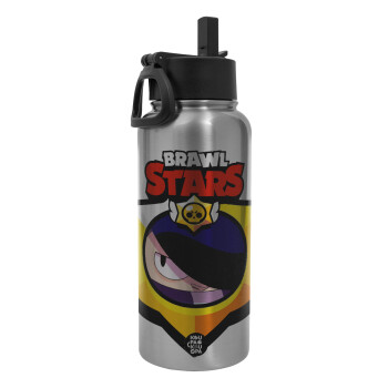 Brawl Stars Edgar, Metal mug thermo Silver with Straw and Spout Lid (Stainless steel), double wall, 950ml