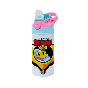 Brawl Stars Sprout, Children's hot water bottle, stainless steel, with safety straw, Pink/BlueCiel (360ml) BPA FREE