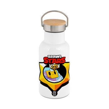 Brawl Stars Sprout, Μεταλλικό παγούρι θερμός (Stainless steel) Λευκό με ξύλινο καπακι (bamboo), διπλού τοιχώματος, 350ml