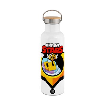 Brawl Stars Sprout, Μεταλλικό παγούρι θερμός (Stainless steel) Λευκό με ξύλινο καπακι (bamboo), διπλού τοιχώματος, 750ml