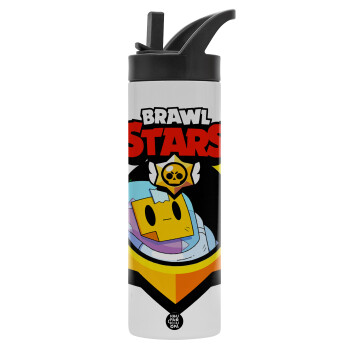 Brawl Stars Sprout, Metallic thermos bottle with straw & handle, stainless steel (Stainless steel 304), double-walled, 600ml.