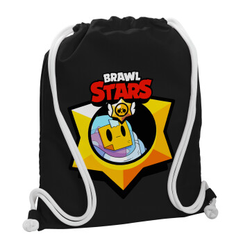 Brawl Stars Sprout, Backpack pouch GYMBAG Black, with pocket (40x48cm) & thick white cords