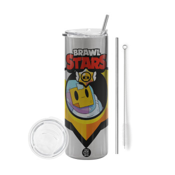 Brawl Stars Sprout, Tumbler stainless steel Silver 600ml, with metal straw & cleaning brush