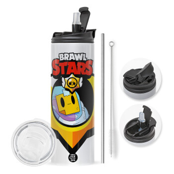 Brawl Stars Sprout, Travel Tumbler 2 Lids, with metal straw & cleaning brush (Stainless steel 304 Food grade, BPA free, 600ml)