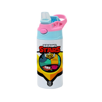 Brawl Stars Leon, Children's hot water bottle, stainless steel, with safety straw, Pink/BlueCiel (360ml) BPA FREE