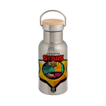 Brawl Stars Leon, Stainless steel metallic thermos flask, silver with a bamboo lid, double-walled, 350ml.