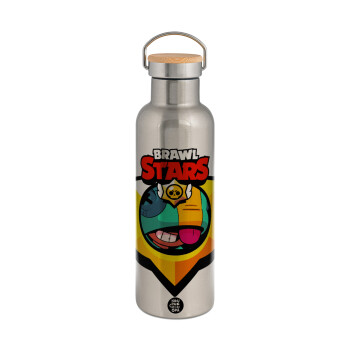 Brawl Stars Leon, Μεταλλικό παγούρι θερμός (Stainless steel) Ασημένιο με ξύλινο καπακι (bamboo), διπλού τοιχώματος, 750ml