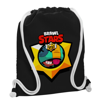 Brawl Stars Leon, Backpack pouch GYMBAG Black, with pocket (40x48cm) & thick white cords