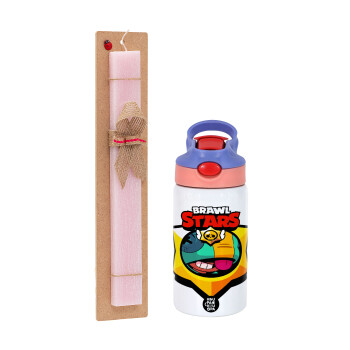 Brawl Stars Leon, Easter Set, Children's thermal stainless steel water bottle with safety straw, pink/purple (350ml) & Easter scented flat candle (30cm) (PINK)