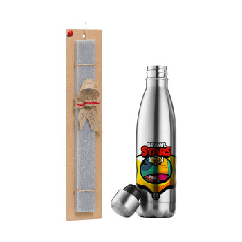 Brawl Stars Leon, Easter Set, metallic stainless thermos flask (500ml) & scented flat Easter candle (30cm) (GRAY)