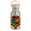 Stainless steel metallic thermos flask, silver with a bamboo lid, double-walled, 350ml.