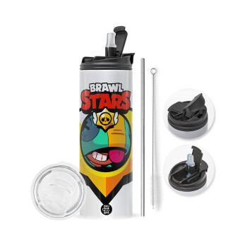 Brawl Stars Leon, Travel Tumbler θερμό με διπλό καπάκι, μεταλλικό καλαμάκι και βούρτσα καθαρισμού (Ανωξείδωτο 304 Food grade, BPA free, 600ml)