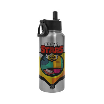 Brawl Stars Leon, Metal mug thermo Silver with Straw and Spout Lid (Stainless steel), double wall, 950ml