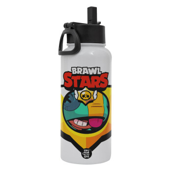 Brawl Stars Leon, Metal mug thermo White with Straw and Spout Lid (Stainless steel), double wall, 950ml