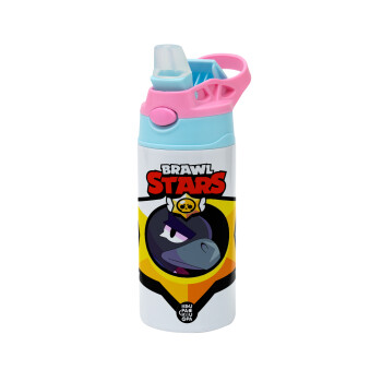 Brawl Stars Crow, Children's hot water bottle, stainless steel, with safety straw, Pink/BlueCiel (360ml) BPA FREE