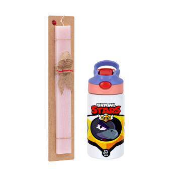 Brawl Stars Crow, Easter Set, Children's thermal stainless steel water bottle with safety straw, pink/purple (350ml) & Easter scented flat candle (30cm) (PINK)