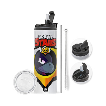 Brawl Stars Crow, Travel Tumbler θερμό με διπλό καπάκι, μεταλλικό καλαμάκι και βούρτσα καθαρισμού (Ανωξείδωτο 304 Food grade, BPA free, 600ml)