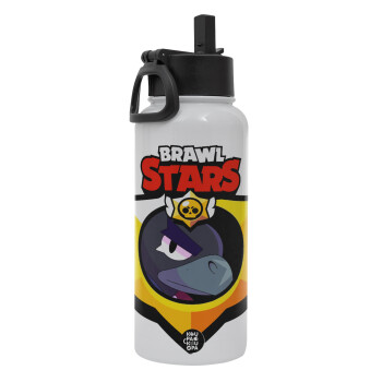 Brawl Stars Crow, Metal mug thermo White with Straw and Spout Lid (Stainless steel), double wall, 950ml