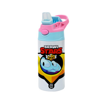 Brawl Stars Squeak, Children's hot water bottle, stainless steel, with safety straw, Pink/BlueCiel (360ml) BPA FREE